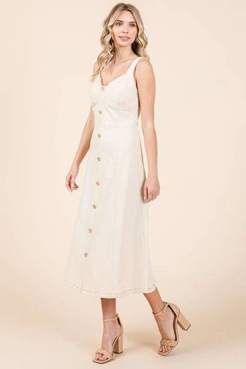 Mittoshop Stretch Twill Decor Button Sleeveless Midi Dress