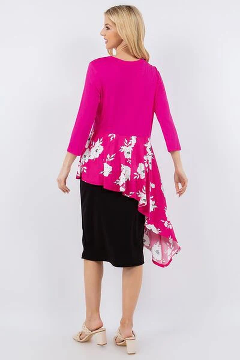 Celeste Full Size Floral Asymmetrical Hemline round Neck Top plus Size