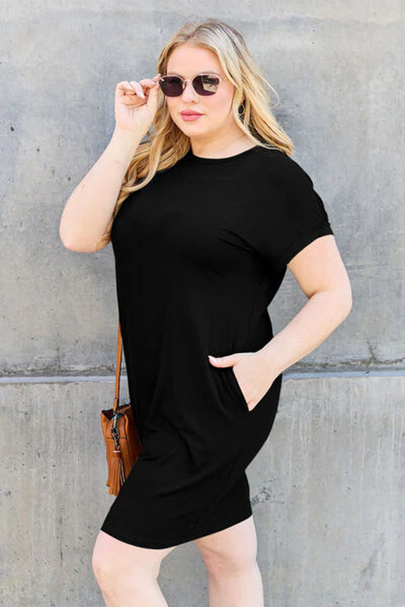 Basic Bae Bamboo Full Size round Neck Short Sleeve Dress with Pockets